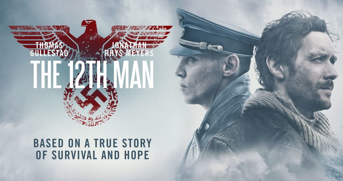 Title art for The 12th Man, featuring Jonathan Rhys Meyers and Thomas Gullestad.