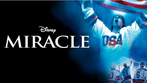 Title art for the Disney movie Miracle, featuring hockey players in USA uniforms cheering