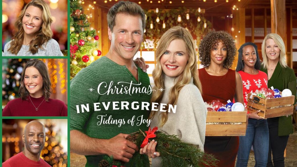 Title art for the Hallmark Christmas movie, Christmas in Evergreen: Tidings of Joy.