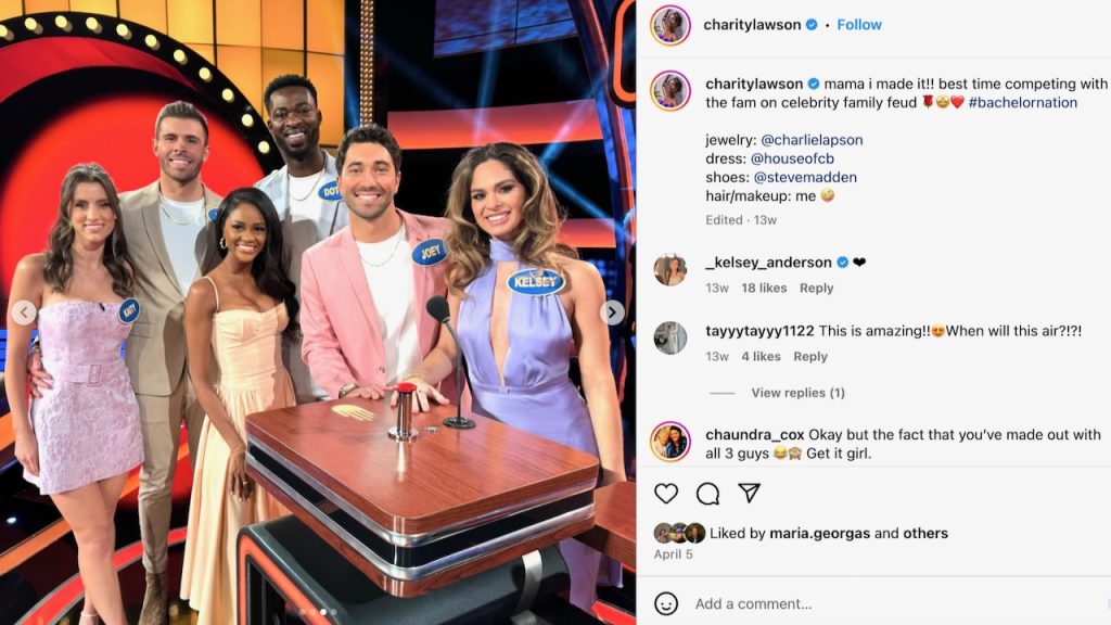 A screenshot from Bachelorette Charity Lawson's Instagram page featuring the Bachelor Nation Family Feud episode.