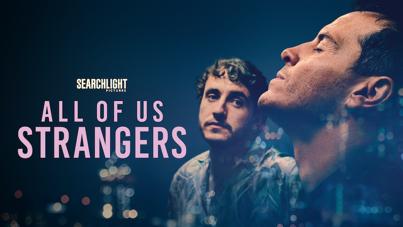 Title art for the LGBTQ+ film, All of Us Strangers, starring Andrew Scott and Paul Mezcal.