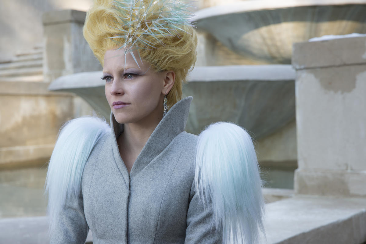A still image of Elizabeth Banks as Effie Trinket in The Hunger Games saga.