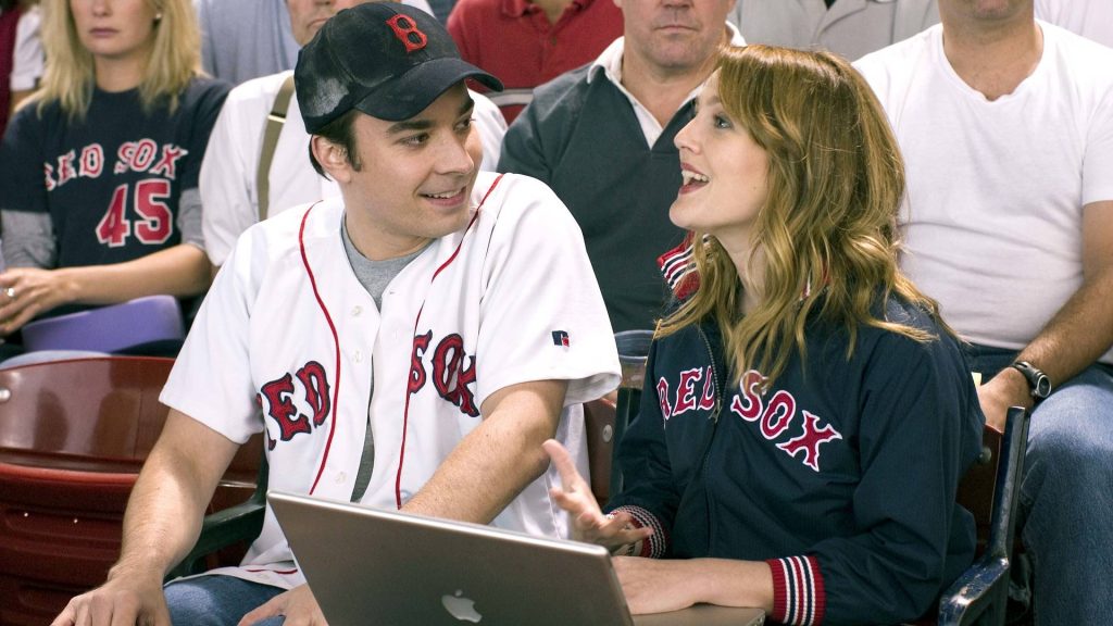 A still image of Jimmy Fallon and Drew Berrymore in the baseball movie, Fever Pitch.