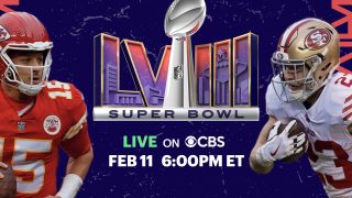 Title art for Super Bowl LVIII featuring the Kansas City Chiefs and the San Francisco 49ers.