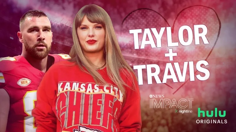 Title art for the ABC News Impact x Nightline special, featuring Taylor Swift and Travis Kelce.