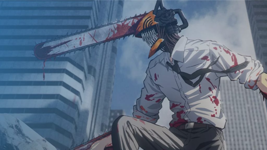 A still image of the anime character, Denji, as Chainsaw Man.
