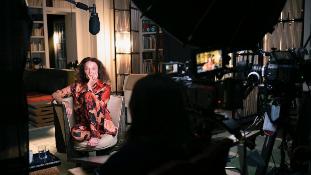 A behind-the-scenes image of Diane Von Furstenberg on the set of the documentary, Woman in Charge.