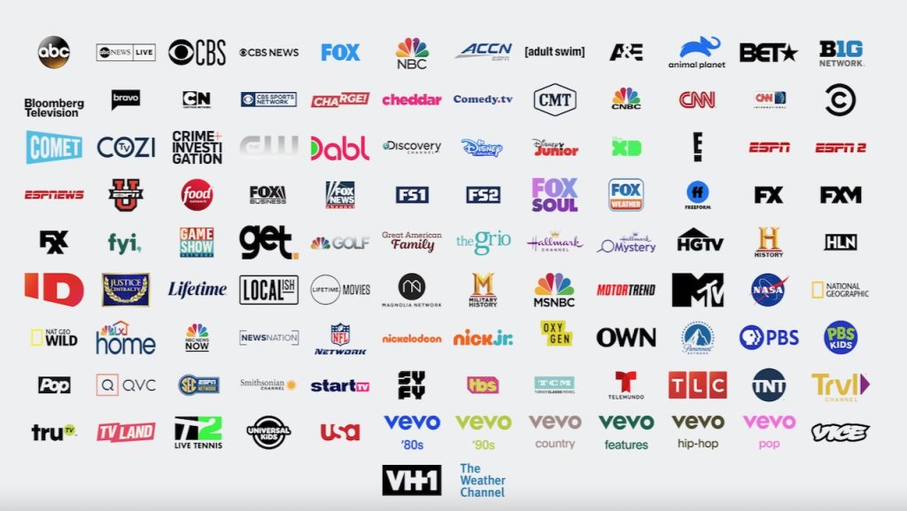 Logos of the local and cable channels available to stream with Hulu + Live TV. 