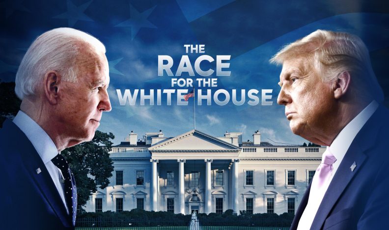 Title art for The Race for the White House, featuring Joe Biden and Donald Trump in the first 2024 presidential debate.