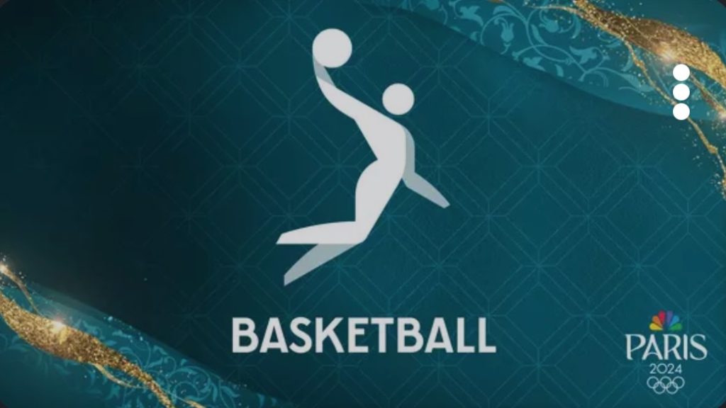 Graphic art representing Olympic basketball on NBC and Hulu + Live TV. 