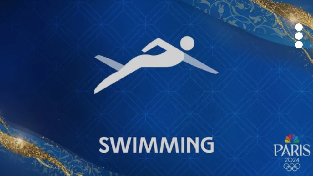 Graphic art representing Olympic swimming on NBC and Hulu + Live TV. 