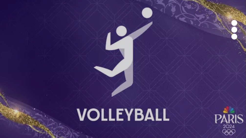 Graphic art representing Olympic volleyball on NBC and Hulu.