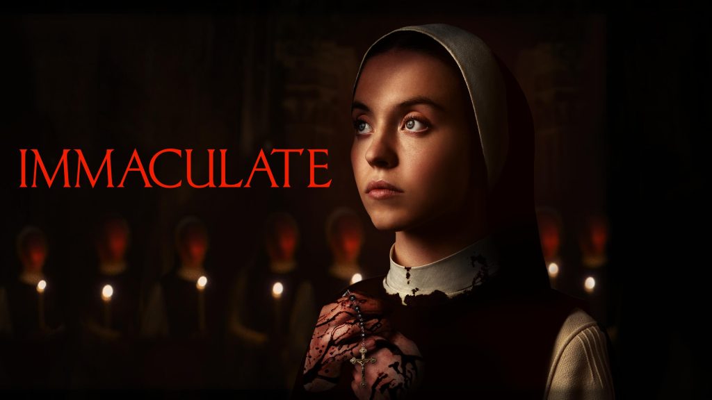 Title art for the horror film Immaculate, starring Sydney Sweeney.