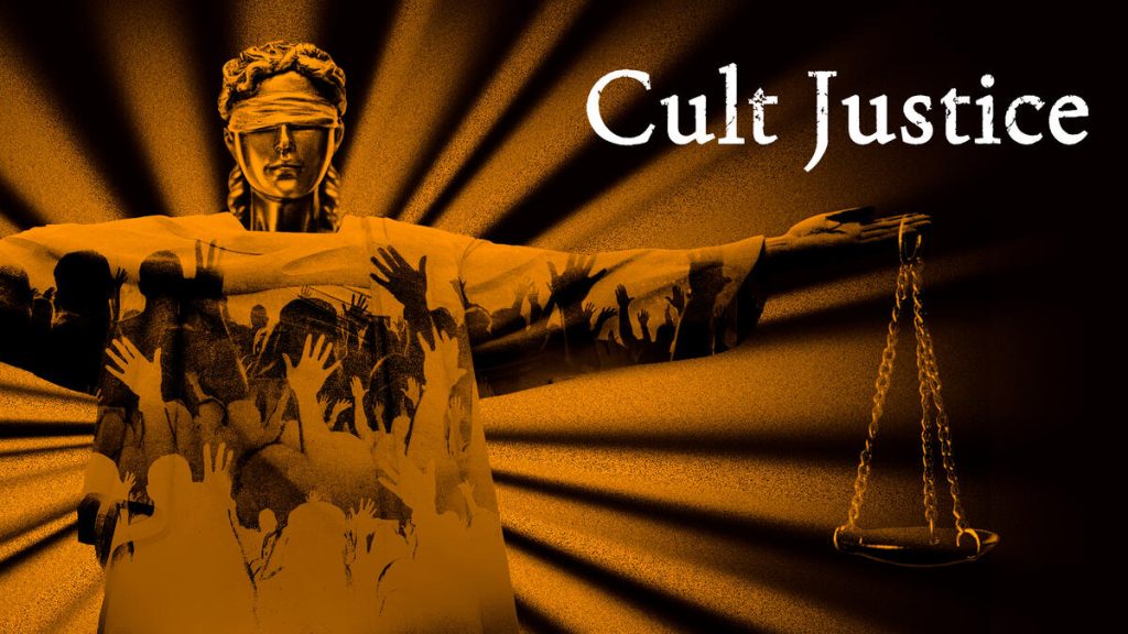 Title art for the cult documentary, Cult Justice.