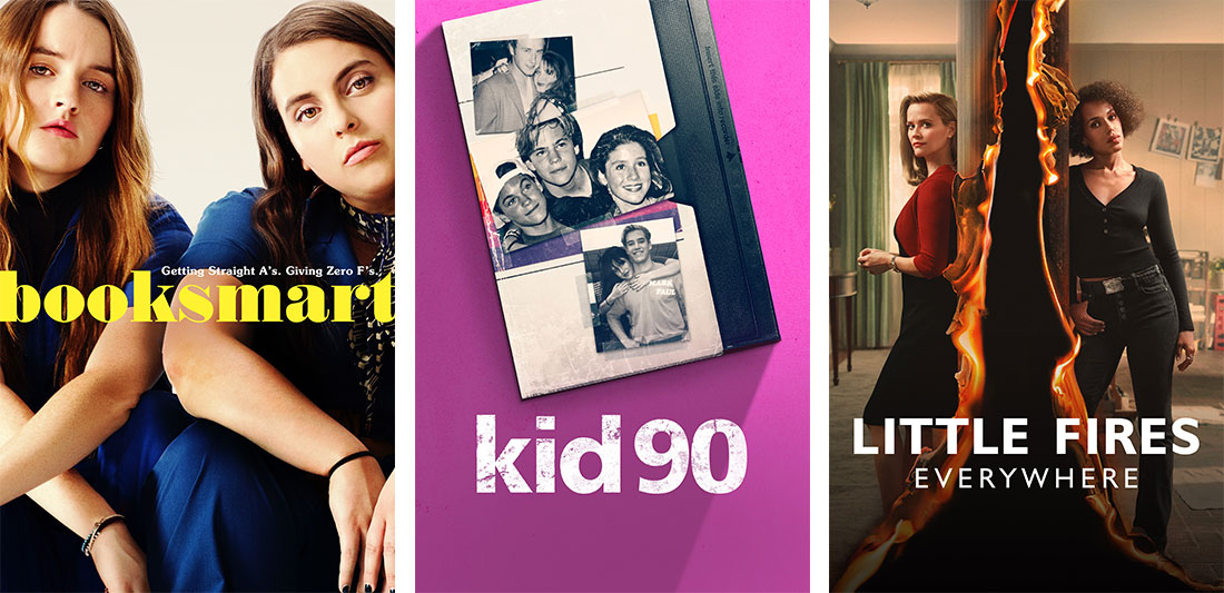 Title art for Booksmart, Kid90, and Little Fires Everywhere on Hulu