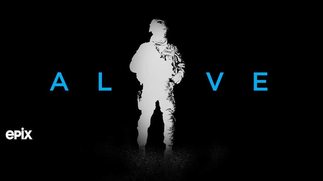 Titelkonst för dokumentären Alive med silhuetten av en soldat mot en svart bakgrund