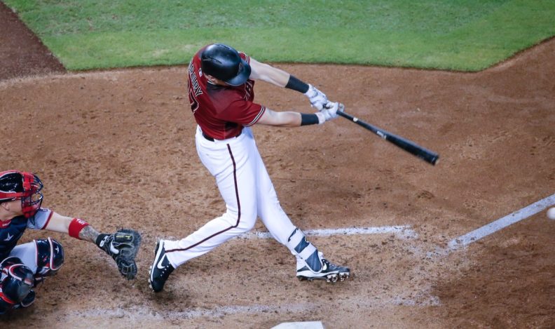 A still image of an MLB player on the Arizona Diamondbacks at bat for MLB on Hulu.