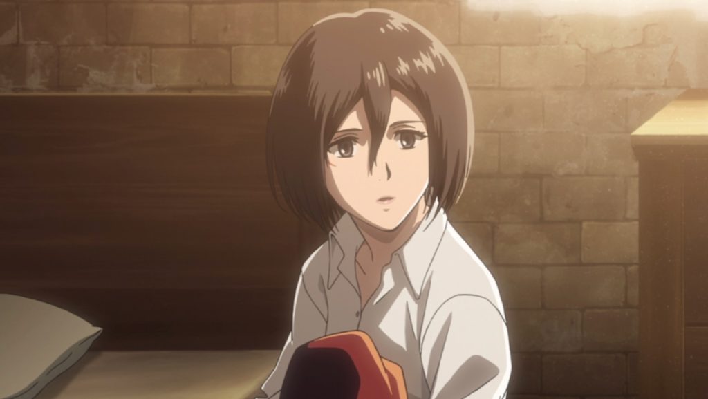 Un'immagine fissa del personaggio Mikasa Ackerman nello spettacolo anime, Attack of Titan
