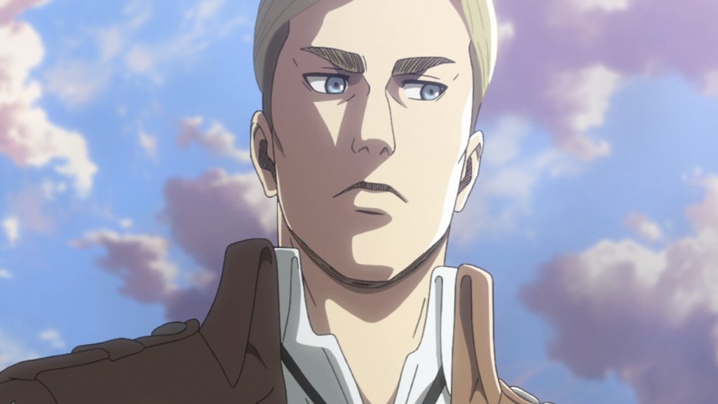 Un'immagine fissa del personaggio Erwin Smith nello spettacolo anime, Attack of Titan