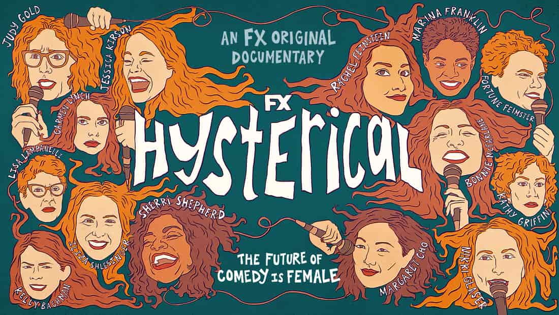 Title art for the FX documentary Hysterical with cartoon sketches of popular comedians.