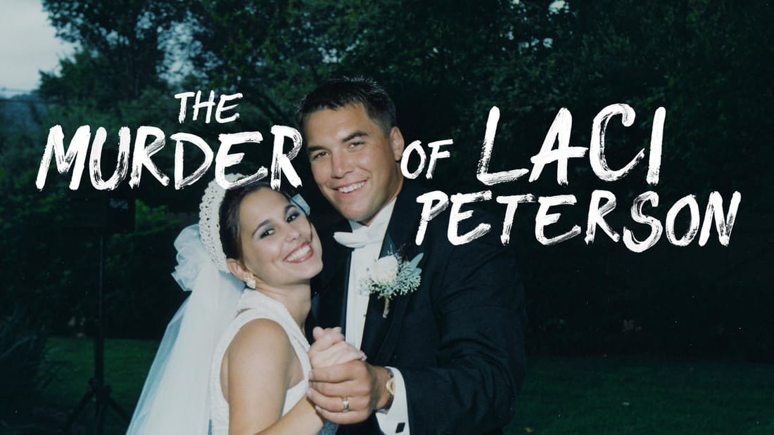 Seni tajuk untuk pembunuhan Laci Peterson yang menampilkan foto dari perkahwinan Laci dan Scott Peterson