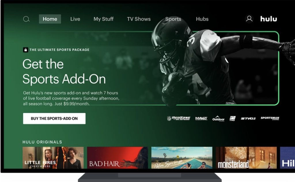 A graphic of Hulu's Sports add-on displayed on a television screen.