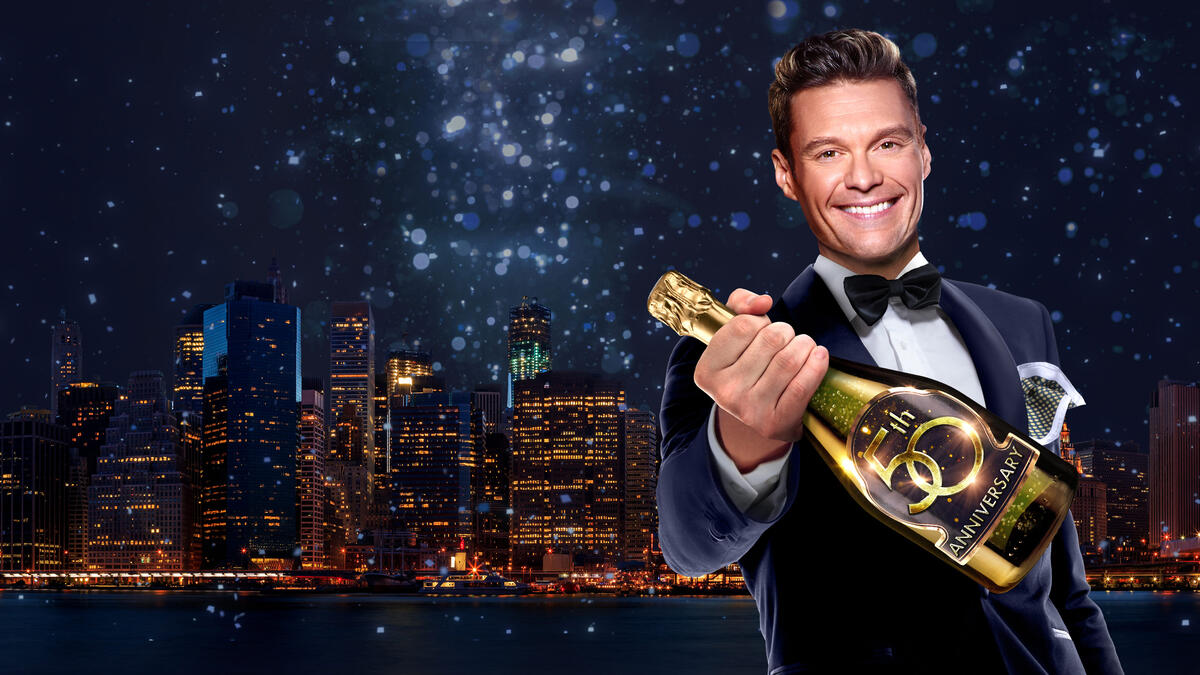Promotional graphic for New Year’s Rockin’ Eve with Ryan Seacrest