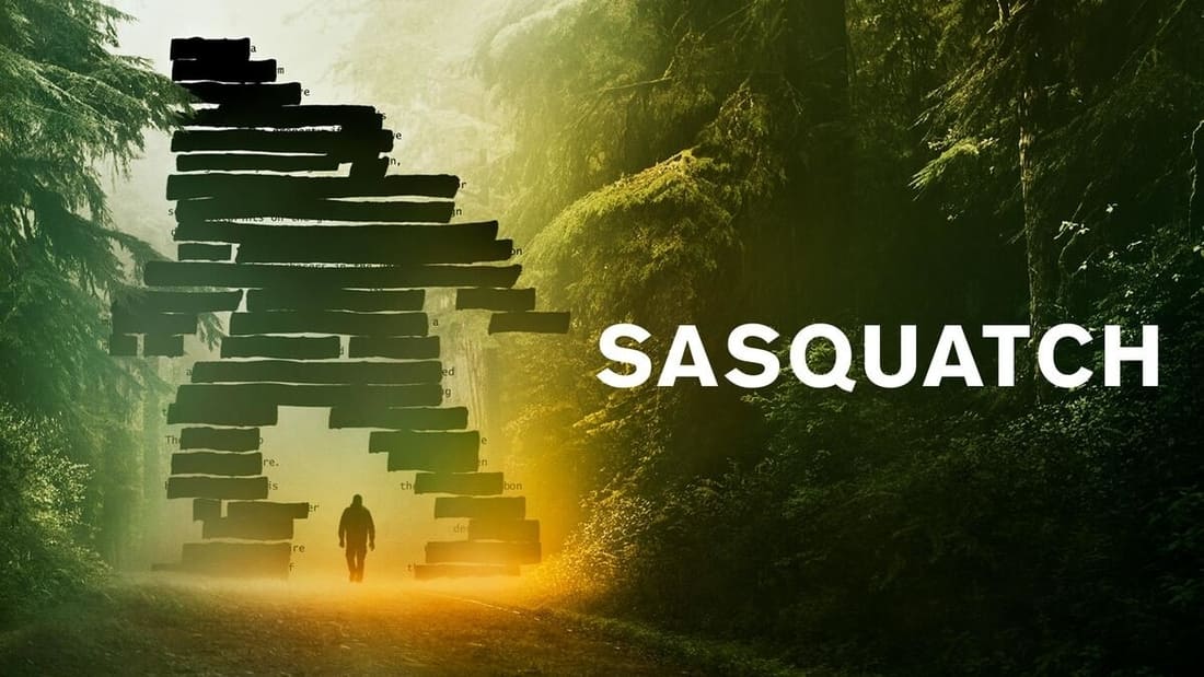 Seni tajuk untuk Sasquatch, yang menampilkan makhluk Bigfoot yang jauh memproyeksikan bayangan di hutan