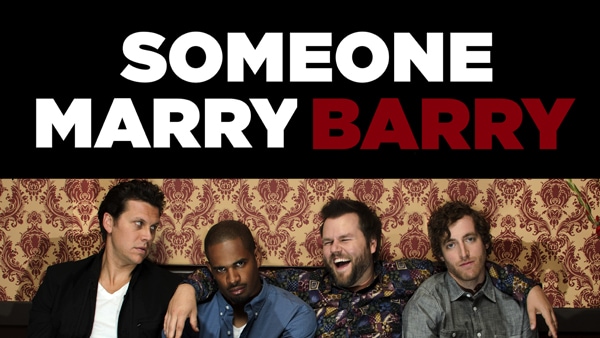 Title art for Someone Marry Barry featuring a group of guy friends sitting on a couch.