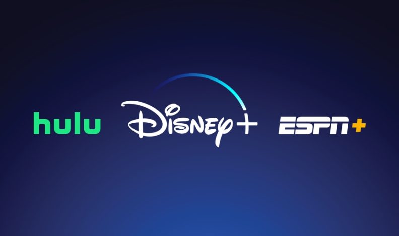 A graphic image with the Hulu, Disney+, and ESPN+ logos — part of the Disney Bundle streaming package.