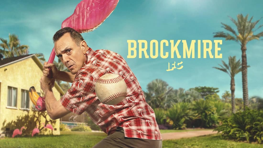 Title art for Brockmire, featuring Hank Azaria swinging at a baseball with a flamingo lawn ornament