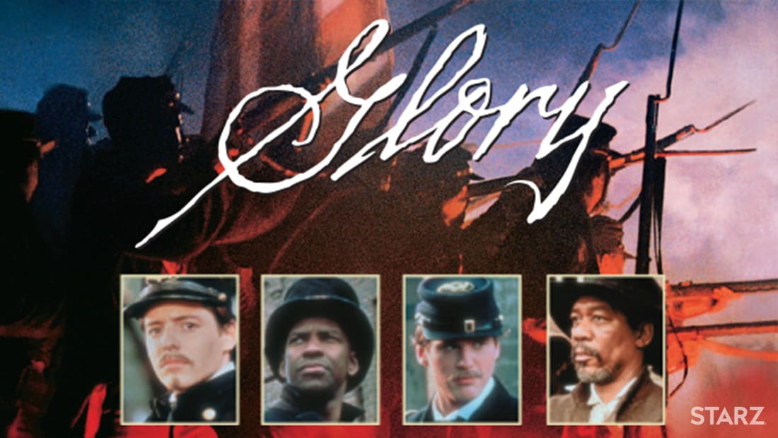 Judul Seni untuk Glory, menampilkan Denzel Washington, Matthew Broderick, Morgan Freeman, dan Cary Elwes