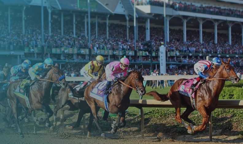 A still image of horse racing for the Kentucky Derby on Hulu.