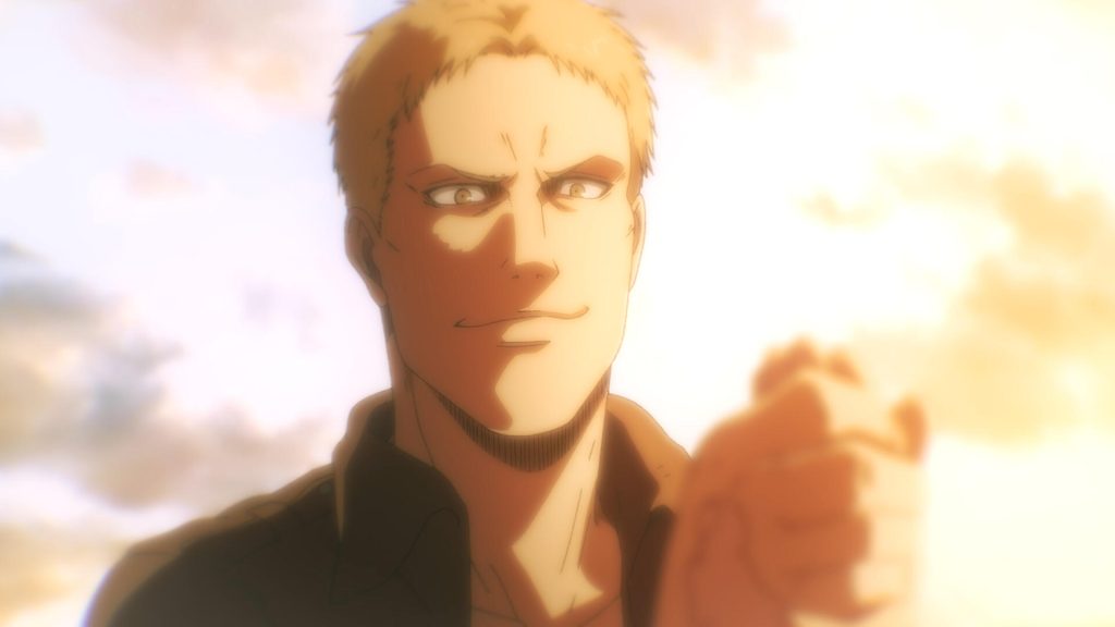 Un'immagine fissa del personaggio Reiner Braun nello spettacolo anime, Attack of Titan