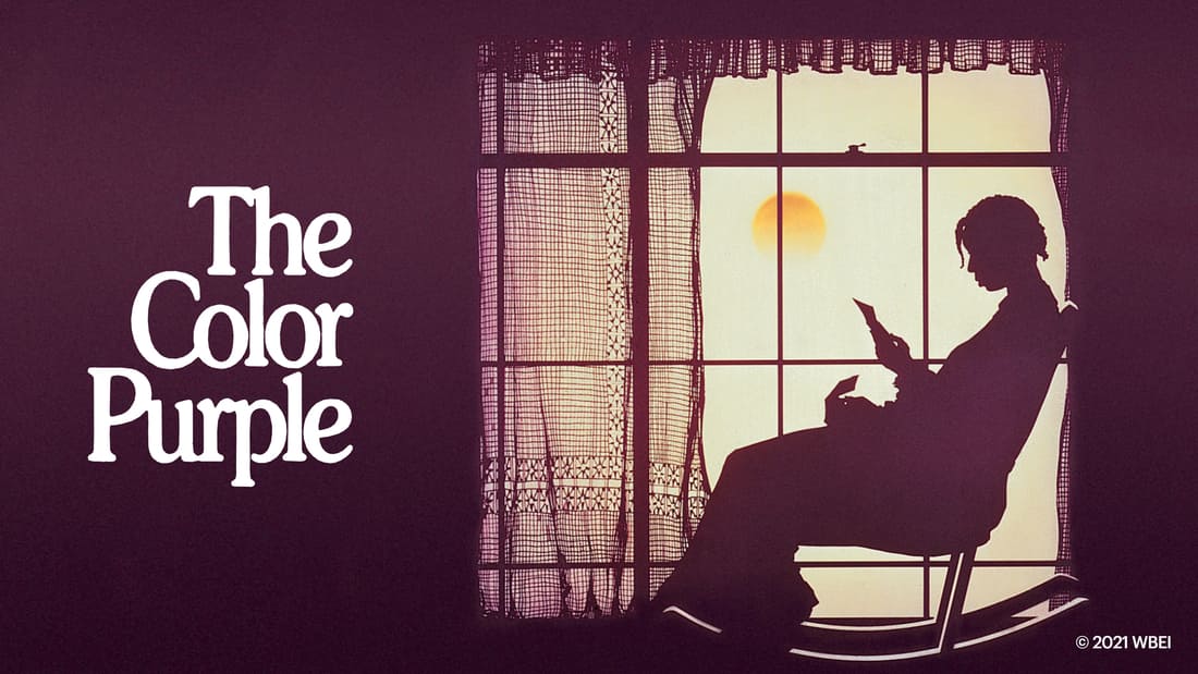Title art for The Color Purple showing Whoopi Goldberg’s silhouette sitting in a rocking chair