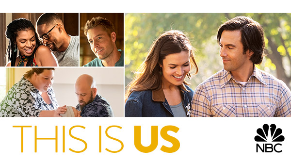 title art for the NBC drama This Is Us, featuring Mandy Moore, Milo Ventimiglia, and cast